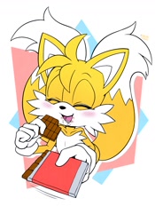 Size: 908x1300 | Tagged: safe, artist:rinri1310, miles "tails" prower, 2020, blushing, chocolate, chocolate bar, crumbs, cute, eyes closed, flat colors, food, holding something, mouth open, open smile, smile, solo, stain, tailabetes