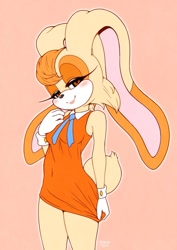 Size: 848x1200 | Tagged: suggestive, artist:rinri1310, cream the rabbit, 2025, aged up, blushing, eyelashes, flat colors, lidded eyes, long ears, looking at viewer, older, orange background, outline, seductive look, simple background, smile, smiling at viewer, solo, standing, stupid sexy cream