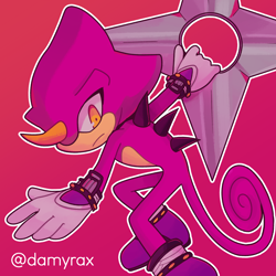 Size: 2500x2500 | Tagged: safe, artist:xdamyrax, espio the chameleon, 2024, frown, gradient background, holding something, looking at viewer, ninja star, outline, redraw, signature, solo