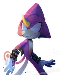 Size: 620x778 | Tagged: safe, artist:tibzonoa, espio the chameleon, 2017, clenched teeth, frown, glowing eyes, looking back, looking offscreen, shrunken pupils, simple background, solo, standing, white background