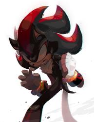 Size: 615x798 | Tagged: safe, artist:tibzonoa, shadow the hedgehog, 2017, bending over, clenched fist, clenched teeth, frown, glowing eyes, looking offscreen, sharp teeth, shrunken pupils, simple background, solo, standing, white background