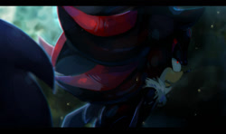 Size: 1024x605 | Tagged: safe, artist:tibzonoa, shadow the hedgehog, sonic the hedgehog, 2017, abstract background, duo, frown, glowing eyes, lidded eyes, mouth open, outdoors, solo focus