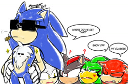 Size: 1024x672 | Tagged: safe, artist:hhuniii, gadget the wolf, jet the hawk, shadow the hedgehog, silver the hedgehog, sonic the hedgehog, 2017, chest fluff, dialogue, english text, glasses, group, hands on hips, mouth open, proud, question mark, signature, sparkles, speech bubble, standing, text, wheat