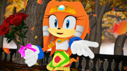Size: 1280x720 | Tagged: safe, artist:shadamyfan4evers, artist:yelenbrownraccoon, tikal, echidna, 2016, 3d, abstract background, bow, daytime, fence, flower, holding something, leaf, looking at viewer, mouth open, open smile, outdoors, rose, sfm, smile, smiling at viewer, solo, standing, tree