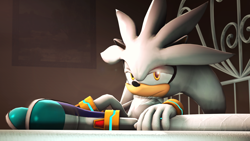 Size: 1920x1080 | Tagged: safe, artist:shadamyfan4evers, silver the hedgehog, hedgehog, 2016, 3d, abstract background, bed, frown, indoors, lidded eyes, looking at viewer, lying down, lying on side, pillow, sfm, solo