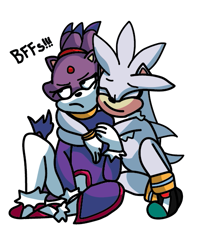 Size: 479x597 | Tagged: safe, artist:stardust-ashe, blaze the cat, silver the hedgehog, 2022, base used, best friends, duo, eyes closed, frown, hugging, looking away, not shipping, platonic, simple background, sitting, smile, text, white background
