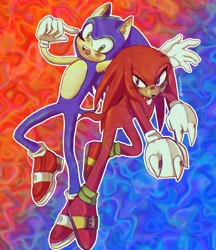 Size: 2161x2500 | Tagged: safe, artist:knucklesenjoyer, artist:tillytilli, knuckles the echidna, sonic the hedgehog, 2022, abstract background, blushing, clenched fists, duo, ear fluff, looking at viewer, mid-air, outline, signature, smile