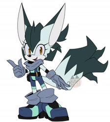 Size: 1893x2102 | Tagged: safe, artist:kattzii, oc, oc:glace the jackal, jackal, 2024, belt, bodysuit, claws, clothes, eyelashes, flat colors, gloves, hair, heels, lesbian, mouth open, oc only, one fang, open smile, pointing, shoes, simple background, smile, smiling at viewer, socks, solo, standing, white background