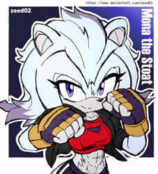 Size: 1280x1409 | Tagged: safe, artist:zeed_02, oc, oc:mona the stoat, 2025, abs, abstract background, character name, clenched fists, clothes, crop jacket, crop top, eyelashes, fingerless gloves, flat colors, gloves, jacket, looking at viewer, oc only, open jacket, outline, pants, paw pose, signature, smile, smiling at viewer, solo, stoat, text