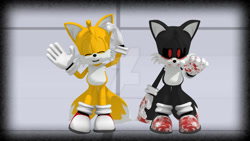 Size: 1024x576 | Tagged: safe, artist:blackrabbit1234, miles "tails" prower, oc, oc:tails.exe, 3d, blood, duo, mmd, self paradox