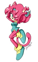 Size: 575x921 | Tagged: safe, artist:chibi-jen-hen, oc, oc:jade the cat, cat, 2015, hands behind head, looking at viewer, mouth open, oc only, open smile, signature, simple background, smile, smiling at viewer, solo, white background