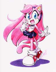 Size: 1699x2189 | Tagged: safe, artist:chibi-jen-hen, oc, oc:crystal the cat, cat, 2015, blushing, hair, long hair, looking at viewer, markerwork, mouth open, oc only, one fang, open smile, shadow (lighting), signature, simple background, smile, solo, traditional media, white background