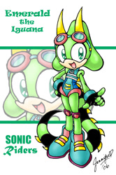 Size: 700x1055 | Tagged: safe, artist:chibi-jen-hen, oc, oc:emerald the iguana, lizard, 2006, boots, character name, echo background, eyewear on head, fingerless gloves, gloves, goggles, goggles on head, iguana, mouth open, oc only, open smile, pointing, riders outfit, shoes, signature, smile, smiling at viewer, solo, standing, text