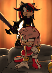Size: 751x1056 | Tagged: safe, artist:jame5rheneaz, amy rose, oc, oc:ivy rogue, hedgehog, 2021, abstract background, bruise, clenched teeth, duo, frown, glowing eyes, holding something, injured, outdoors, piko piko hammer, rivalry, rock, scar, scratch (injury), shadow the hedgehog (video game), stain, standing, sword, torn clothes, torn gloves, weapon
