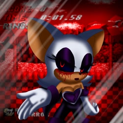 Size: 1280x1280 | Tagged: safe, artist:mivesth, rouge the bat, oc, oc:rouge.exe, bat, 2023, black sclera, bleeding, bleeding from eyes, blood, cleavage, hand on hip, hill zone, lidded eyes, life counter, lineless, looking at viewer, screenshot background, solo, standing