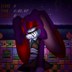 Size: 1280x1280 | Tagged: safe, artist:mivesth, cream the rabbit, oc, oc:cream.exe, rabbit, 2023, bleeding, bleeding from eyes, blood, clenched teeth, ear over one eye, frown, grey eyes, hand on arm, hand on stomach, lidded eyes, life counter, lineless, looking at viewer, screenshot background, standing, youtube link in description