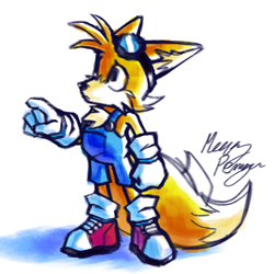 Size: 1500x1500 | Tagged: safe, artist:meepypengu, miles "tails" prower, fox, 2025, chest fluff, clothes, ear fluff, eyewear on head, frown, gloves, goggles, goggles on head, looking offscreen, overalls, pointing, shadow (lighting), shoes, signature, simple background, solo, standing, torn ear, white background
