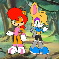 Size: 1280x1280 | Tagged: safe, artist:tailsy01, bunnie rabbot, sally acorn, 2025, deviantart watermark, duo, flat colors, obtrusive watermark, outfit swap, sally's ringblader outfit, screenshot background, smile, smiling at viewer, standing, watermark, wink, winking at viewer