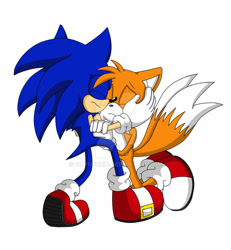 Size: 900x974 | Tagged: safe, artist:sikyusonic, miles "tails" prower, sonic the hedgehog, 2013, deviantart watermark, duo, eyes closed, frown, holding each other, obtrusive watermark, simple background, smile, standing, watermark, white background