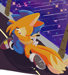 Size: 530x588 | Tagged: safe, artist:sonictailsbro, miles "tails" prower, sonic the hedgehog, 2020, abstract background, comforting, crying, duo, eyes closed, frown, hugging, mouth open, outdoors, road, scene interpretation, shooting star, sonic x, star (sky), tears, tears of sadness