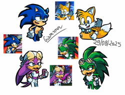 Size: 1280x968 | Tagged: safe, artist:gigi-sonicandgumball, jet the hawk, miles "tails" prower, sonic the hedgehog, wave the swallow, 2025, group, hand on hip, hands on hips, holding something, lidded eyes, looking offscreen, miles electric, mouth open, phone, redraw, reference inset, signature, simple background, sonic racing crossworlds, talking, white background