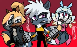 Size: 697x427 | Tagged: safe, artist:gigi-sonicandgumball, jewel the beetle, tangle the lemur, whisper the wolf, 2024, clenched fists, clenched teeth, diamond cutters, flapping wings, flying, frown, gradient background, looking at viewer, looking offscreen, mid-air, mouth open, one fang, redraw, signature, standing, trio