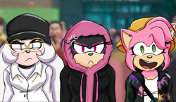 Size: 1280x742 | Tagged: safe, artist:kat4nadep4pel, amy rose, oc, oc:sari the hedgehog, oc:summer the hedgehog, 2025, abstract background, angry, clothes, cross popping vein, crossover, daytime, frown, happy, huntr/x, k-pop demon hunters, looking offscreen, mouth open, open smile, outdoors, redraw, smile, trio