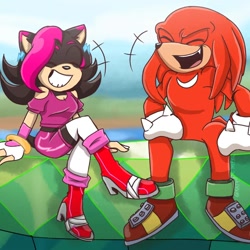 Size: 1080x1080 | Tagged: safe, artist:kat4nadep4pel, knuckles the echidna, oc, oc:sarah the hedgehog, hedgehog, 2023, abstract background, daytime, duo, eyes closed, laughing, master emerald, mouth open, one fang, open smile, outdoors, sitting, smile