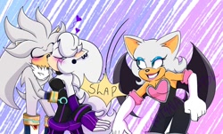 Size: 992x598 | Tagged: safe, artist:kat4nadep4pel, rouge the bat, silver the hedgehog, oc, oc:summer the hedgehog, hedgehog, 2023, abstract background, blushing, canon x oc, eyes closed, heart, high five, holding each other, holding them, kiss, kiss and high five, looking at them, meme, shipping, silver x summer, smile, standing, straight, trio