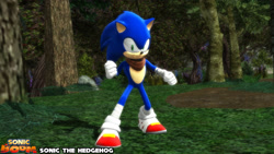 Size: 1920x1080 | Tagged: safe, artist:sab64, sonic the hedgehog, 2024, 3d, abstract background, character name, daytime, forest, looking at viewer, mmd, outdoors, smile, smiling at viewer, solo, sonic boom (tv), standing, text