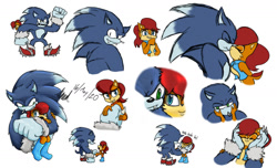 Size: 1280x778 | Tagged: safe, artist:marieyeet, sally acorn, sonic the hedgehog, chipmunk, hedgehog, 2020, carrying them, duo, hand on another's cheek, protecting, sally x sonic, sally's vest and boots, shipping, snuggling, sonic the werehog, straight, werehog