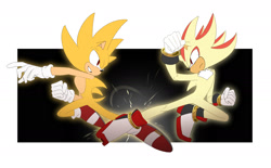 Size: 1955x1216 | Tagged: safe, artist:guitar_00000001, shadow the hedgehog, sonic the hedgehog, super shadow, super sonic, 2025, duo, looking at each other, looking at them, smile, super form