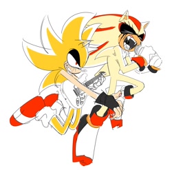Size: 1947x1921 | Tagged: safe, artist:guitar_00000001, shadow the hedgehog, sonic the hedgehog, super shadow, super sonic, 2025, duo, eyes closed, eyeshadow, guitar, holding something, lidded eyes, microphone, mouth open, playing music, simple background, singing, smile, super form, white background