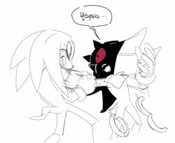 Size: 1898x1552 | Tagged: safe, artist:guitar_00000001, knuckles the echidna, shadow the hedgehog, 2025, clenched teeth, duo, greyscale, hand on another's arm, hand on another's neck, korean text, looking at each other, looking at them, monochrome, mouth open, removing limiter ring, simple background, sketch, speech bubble, standing, white background