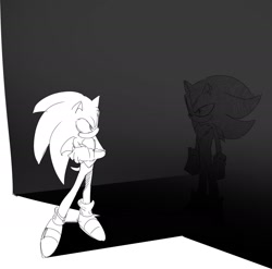 Size: 1802x1778 | Tagged: safe, artist:guitar_00000001, shadow the hedgehog, sonic the hedgehog, 2025, arms folded, duo, greyscale, looking at each other, looking at them, monochrome, standing