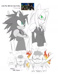 Size: 1531x1956 | Tagged: safe, artist:guitar_00000001, 2025, barely sonic related, final fantasy, fire, greyscale, korean text, mobianified, monochrome, mouth open, reference inset, sephiroth, simple background, sketch, smile, spot color, trio, white background, zack fair