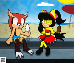 Size: 4052x3440 | Tagged: safe, artist:frostbitewhiteknight, honey the cat, mighty the armadillo, armadillo, cat, 2023, artist signature, beach, bikini, clothes, duo, female, food, honey x mighty, ice cream, laughing, male, shipping, sitting, straight, swimming trunks, swimsuit