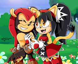 Size: 1474x1213 | Tagged: safe, artist:juno_yamaguchi, honey the cat, mighty the armadillo, armadillo, cat, sonic x, 2022, daytime, duo, female, happy, honey x mighty, male, outside, shipping, straight, walking