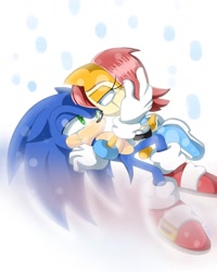 Size: 736x920 | Tagged: safe, artist:kiipuonranningu, sally acorn, sonic the hedgehog, chipmunk, hedgehog, crying, deactivated deviantart account, duo, female, looking at each other, male, sally x sonic, sally's ringblader outfit, shipping, straight, tears