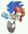 Size: 736x883 | Tagged: dead source, safe, artist:kiipuonranningu, sally acorn, sonic the hedgehog, chipmunk, hedgehog, carrying them, deactivated deviantart account, duo, female, looking ahead, looking at them, looking offscreen, male, running, sally x sonic, sally's ringblader outfit, shipping, simple background, straight, treads, white background