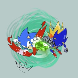 Size: 2048x2048 | Tagged: safe, artist:biolizard02, metal sonic, sonic the hedgehog, sonic cd, 2020, duo, grey background, looking at them, reaching up, robot, running, simple background, time stone
