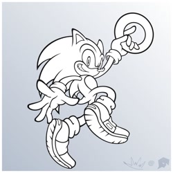 Size: 1080x1080 | Tagged: safe, artist:biolizard02, artist:burst_art, sonic the hedgehog, 2020, collaboration, grey background, greyscale, grin, holding something, line art, looking at viewer, monochrome, ring, simple background, smile, solo, style emulation, uekawa style