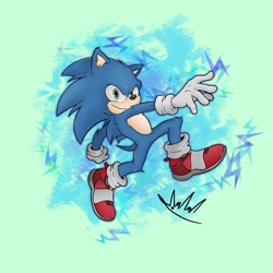 Size: 2048x2048 | Tagged: safe, artist:biolizard02, sonic the hedgehog, sonic the hedgehog (2020), 2020, green background, looking at viewer, signature, simple background, smile, solo
