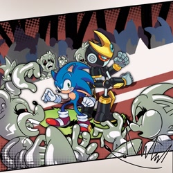 Size: 2048x2048 | Tagged: safe, artist:biolizard02, gemerl, sonic the hedgehog, hedgehog, 2020, duo focus, fighting, fighting pose, group, looking at them, male, metal virus, mouth open, robot, signature, standing, surrounded, zombot