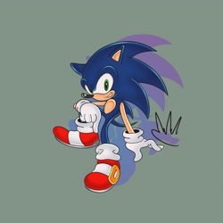 Size: 2048x2048 | Tagged: safe, artist:biolizard02, sonic the hedgehog, 2019, green background, grin, looking at viewer, signature, simple background, sitting, smile, solo, style emulation, uekawa style