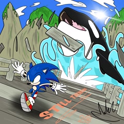 Size: 2048x2048 | Tagged: safe, artist:biolizard02, sonic the hedgehog, hedgehog, sonic adventure, 2019, bridge, daytime, dreamcast logo, duo, emerald coast, english text, killer whale, literal animal, male, orca, outdoors, running, water, whale