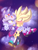 Size: 768x1024 | Tagged: safe, artist:diawaterfalls, blaze the cat, silver the hedgehog, cat, hedgehog, 2018, carrying them, duo, female, flying, male, shipping, signature, silvaze, space, straight, super form, super silver