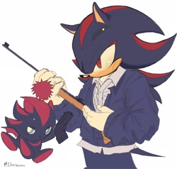 Size: 2048x1950 | Tagged: safe, artist:dunsimo, shadow the hedgehog, chao, 2026, character chao, duo, frown, gun, holding something, jacket, shadow chao, simple background, standing, white background