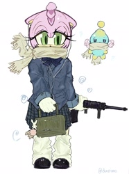 Size: 1526x2048 | Tagged: safe, artist:dunsimo, amy rose, chao, 2026, alternate outfit, bag, duo, gun, holding something, neutral chao, scarf, simple background, skirt, standing, white background