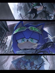 Size: 1536x2048 | Tagged: safe, artist:qoooop03, amy rose, knuckles the echidna, miles "tails" prower, shadow the hedgehog, sonic the hedgehog, 2025, duo, earring, eyewear on head, holding something, jacket, knife, lidded eyes, outdoors, photo, scarf, sonic riders, standing